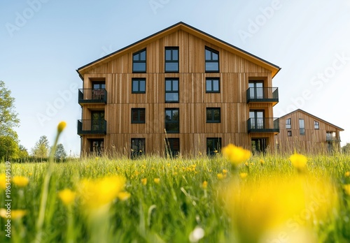 Modern timber building showcasing eco-friendly architecture and sustainable design, surrounded by a vibrant flower meadow