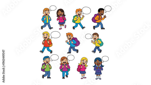 School's Out: A vibrant group of students, backpacks in tow and speech bubbles overhead, strides with excitement towards their next adventure.