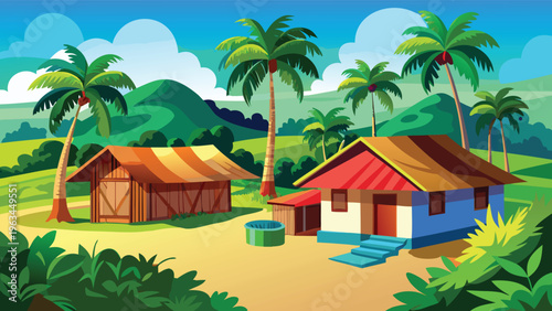 A peaceful rural landscape featuring small traditional houses nestled among lush palm trees