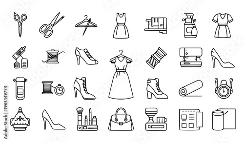 Fashion Stroke Icon Collection – Tailor, Sewing, Accessories, Clothing and Beauty Outline Icons Set