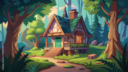 A charming and cozy cottage nestled deep within a vibrant and lush green forest landscape scene