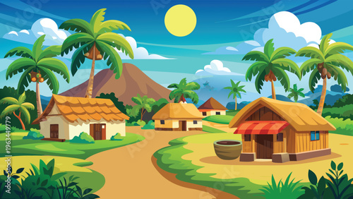 A serene tropical village scene featuring traditional huts and lush palm trees under the sun.