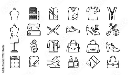 Fashion and Tailoring Line Icon Pack – Sewing, Apparel, Shoes and Beauty Stroke Vector Collection