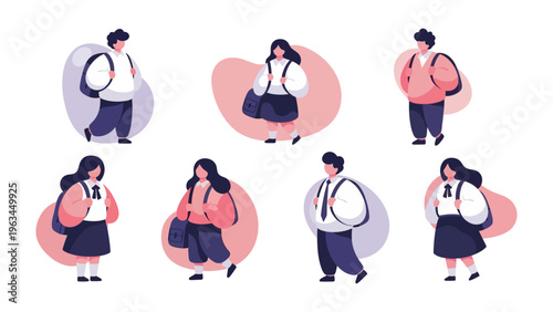 Backpack Student: A collection of students, each carrying a backpack, strolls through an animated scene. This illustration captures the essence of youth, education.