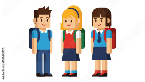 School Days Trio: Three young students, ready for a day of learning, stand side by side, their colorful backpacks and uniforms a testament to youthful energy and educational aspirations.