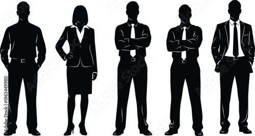 Silhouettes of business professionals in formal attire, teamwork and corporate identity illustration symbolizing leadership, confidence, organization, partnership,