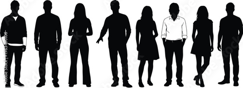 Silhouettes of diverse people standing together, minimalistic group illustration symbolizing community, demographics, teamwork, equality, and conceptual artwork for design and creative projects