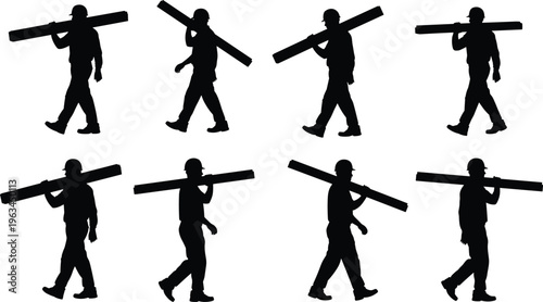 Silhouettes of construction workers wearing hard hats and carrying pipes or beams, industrial labor illustration symbolizing teamwork, strength, building industry, and manual work progression artwork