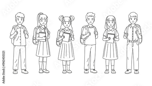 School Day Squad: Illustration of a group of diverse students, each standing tall with their backpacks and books, ready for a day of learning.