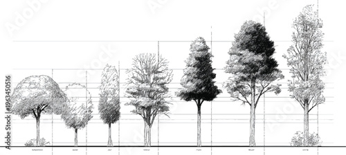 Black and white line of seven different trees of varying heights and shapes arranged side by side with grid lines and labels