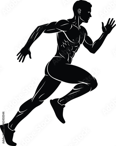 Athletic male runner silhouette vector illustration featuring muscular man sprinting in a high speed motion pose for fitness sports design