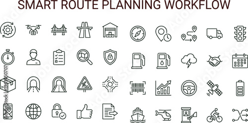 Smart route planning workflow outline icon set with navigation tracking logistics infrastructure symbols for apps dashboards interfaces presentations mobility platforms