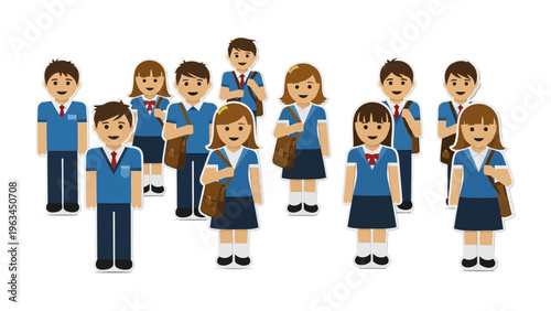 School Emoticons in Uniforms: A collection of school children, each depicted as an emoticons wearing uniforms, standing together. Illustrating a sense of unity and shared identity