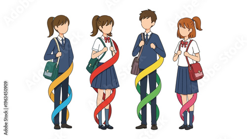 Academic Harmony: A diverse quartet of students, each with unique ribbons of color, stands united, symbolizing unity and the beauty of individuality in a scholastic environment.