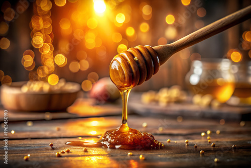 A closeup of organic golden honey dripping from a wooden spoon into a jar provides a delicious and natural liquid ingredient for a healthy dessert isolated on white