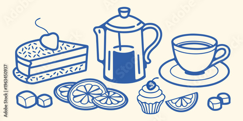 A charming blue illustration of coffee cake and citrus fruits