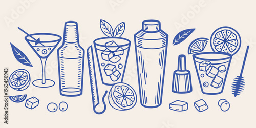 Line art illustration of various cocktail ingredients and glassware