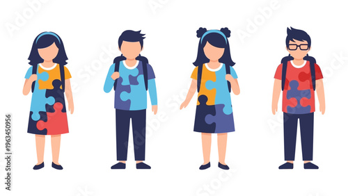 Youngsters United: A collection of children standing united in a row, embodying the essence of togetherness, the unique individuals share a visual display of jigsaw puzzles on their attire.