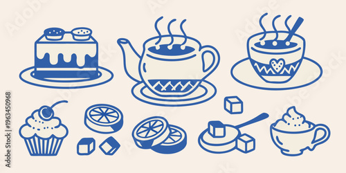 A charming blue line drawing of desserts tea and fresh fruit