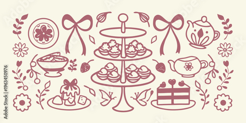 A charming hand drawn illustration of a delightful afternoon tea arrangement