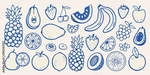 A collection of hand drawn blue line art depicting various fruits