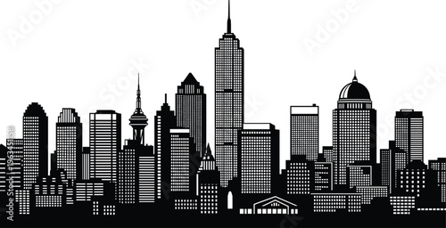 Flat vector illustration of modern city skyline silhouette with skyscrapers, spire, domes, antennas, urban architecture, metropolitan landscape