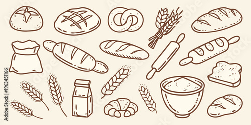 Hand drawn illustration of various breads wheat and baking tools
