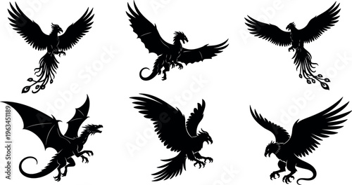Mythical creatures silhouettes set with phoenix griffin and dragon fantasy black vector illustration collection isolated on white background