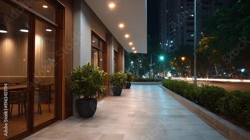 A modern building exterior at night with illuminated glass  potted plants and blurred city traffic