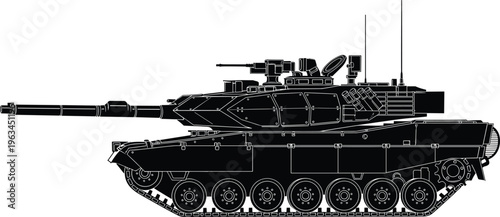 Black silhouette of a modern military battle tank with armored turret and cannon isolated on white background for warfare concepts.
