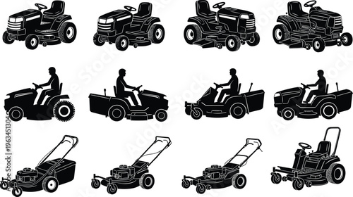 Set of black lawn mower silhouettes, including riding tractors with drivers and push mowers, isolated on white background for landscaping vector design,