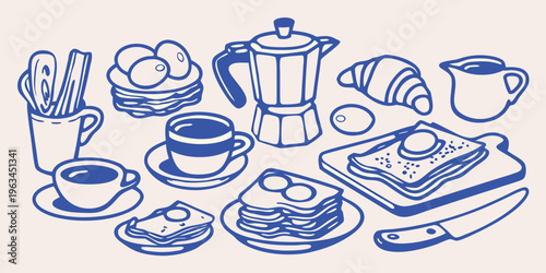 A charming blue line drawing of a delicious breakfast spread