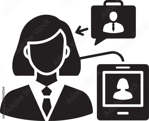 Vector illustration of a faceless businesswoman with a speech bubble pointing to a briefcase and a mobile phone displaying a profile picture isolated on transparent background