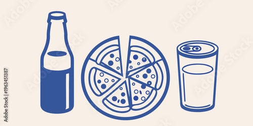 A blue line drawing depicts a bottle watermelon slice and canned drink