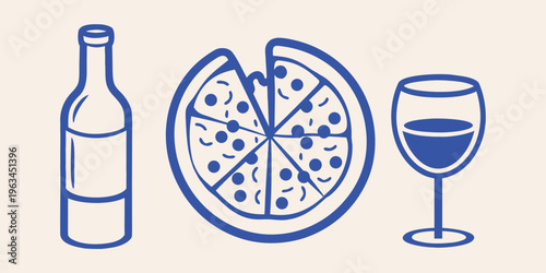 A simple illustration depicts a pizza wine bottle and wine glass