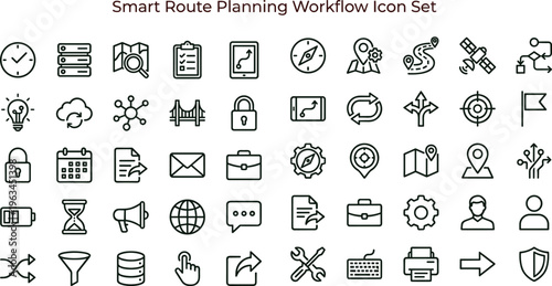 Smart route planning workflow outline icon set with navigation tracking mapping analytics symbols for apps dashboards interfaces presentations logistics platforms