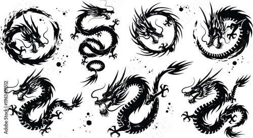 Chinese Dragon Vector Silhouette Set, Black Ink Brush Style Asian Mythological Creatures, Japanese Tattoo Design Elements Isolated on White Background, Tribal