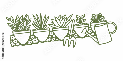 A collection of potted plants gardening tools and decorative elements