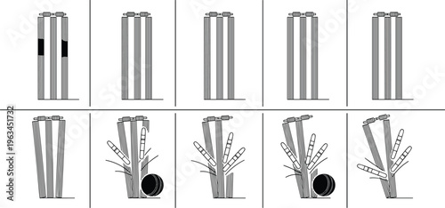 Cricket Stumps and Bails Set Featuring Bowling Action Sequence With Ball Hitting Wicket For Out Dismissal Vector Illustration For Sports Design