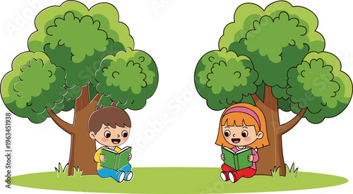 Cute cartoon boy and girl sitting under green trees reading books in a park isolated on white background for education.
