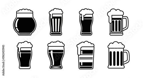 Eight beer glasses with frothy foam in different shapes and sizes