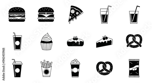 Black and white fast food icons for menus and advertising