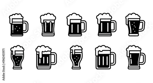 Variety of beer mugs with foamy tops for brewery or pub branding