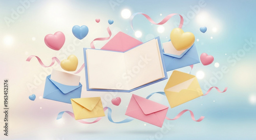Colorful envelopes and hearts floating in the air with ribbons and bokeh lights on a soft blue background