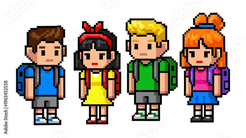Pixelated group of Students Ready to Learn: Charming group of pixelated students, each with a unique style, stand ready, wearing backpacks, prepared to begin a day of learning.