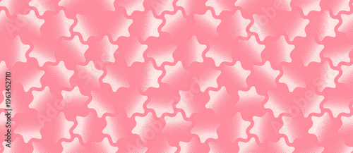 Vector abstract wide panoramic background with halftone star flower shapes in pink colour tones. Soft grainy texture and gentle flow create playful feminine composition perfect for beauty, fashion