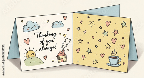 Greeting card with thinking of you always message and heart star pattern