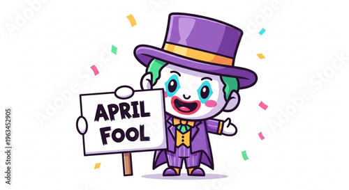 Cartoon clown in purple hat holds april fool sign with colorful confetti