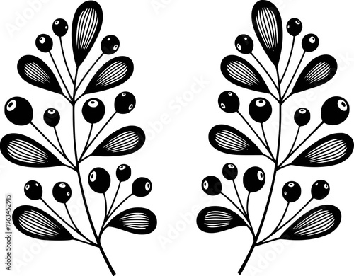 Black and white stylized botanical branches with berries and striped leaves a white background