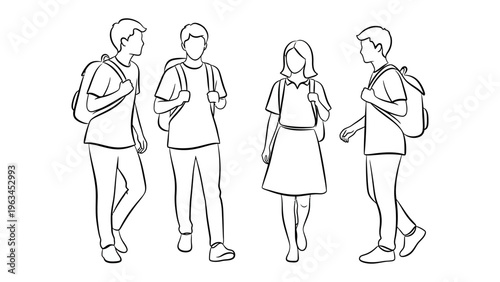 Sketch of students walking with their backpacks: Simple outline sketch of students casually walking, each carrying a backpack, conveying a sense of everyday life, routine, and education